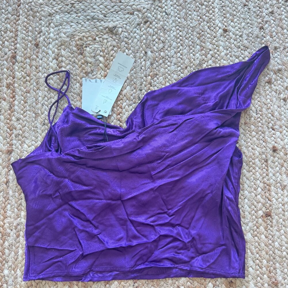 Zara Satin Asymmetrical Crop Top – Brand New with Tags NWT – Size S 💜 - Picture 10 of 12